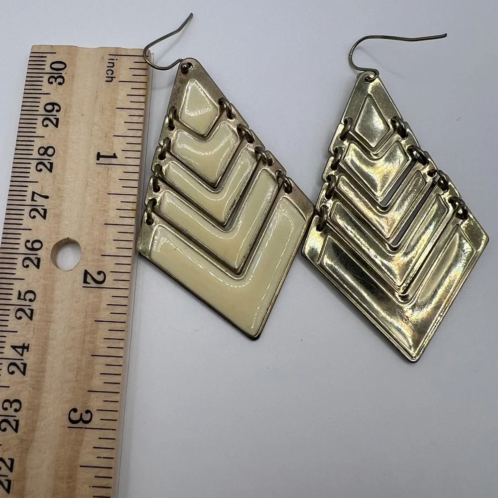 Gold Tone Cream Enamel Tiered Chevron Geometric Diamond Drop Earrings Large